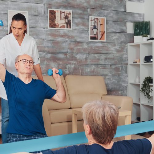Nurse doing physical therapy with senior couple. Home assistance, physiotherapy, healthy lifestyle for old person, training and healthy lifestyle